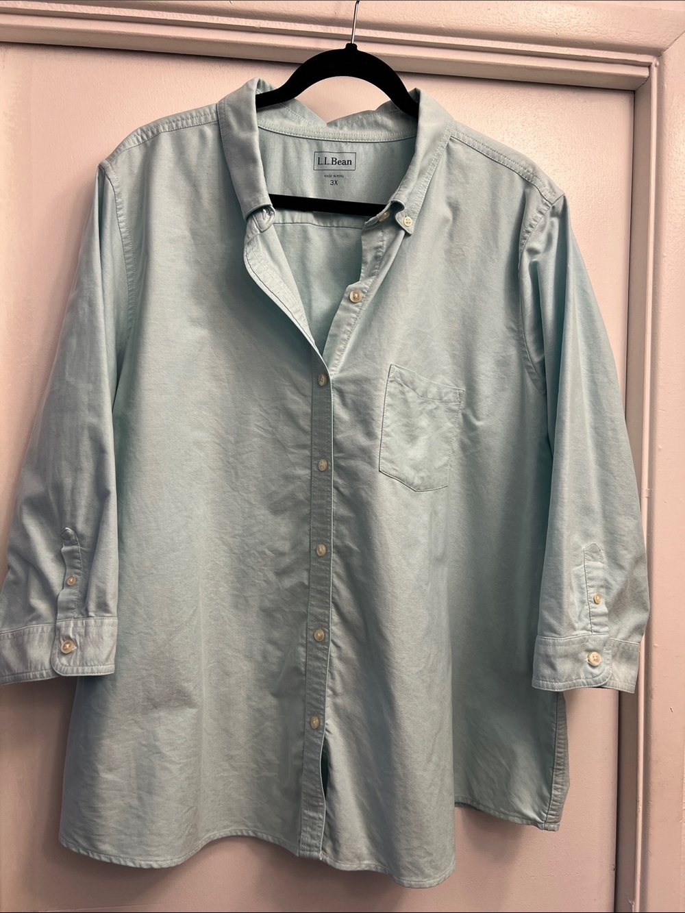 L.L. Bean Women’s 3X Mint Green Button-Down Oxford Shirt with 3/4 Sleeves